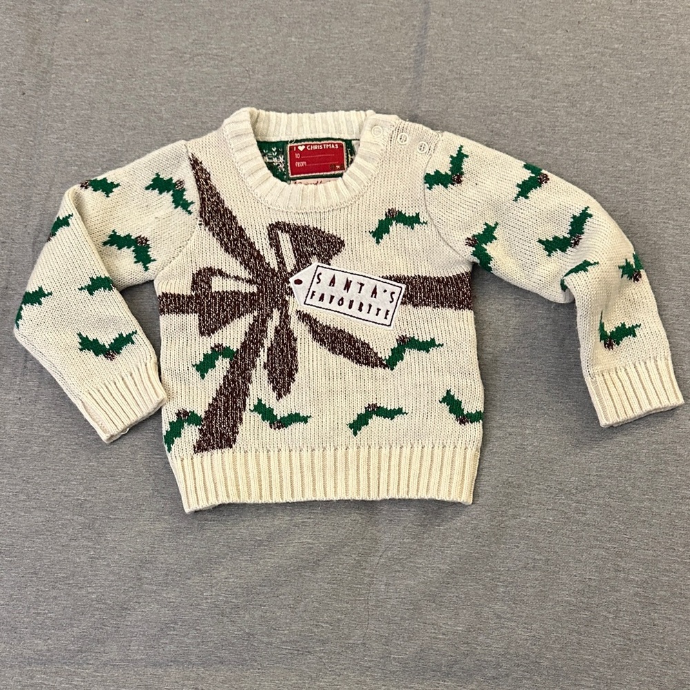 Cream Holiday Sweater with Green‎ Holly Pattern